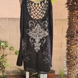 Black Long Sleeve Top with Silver Embellishments